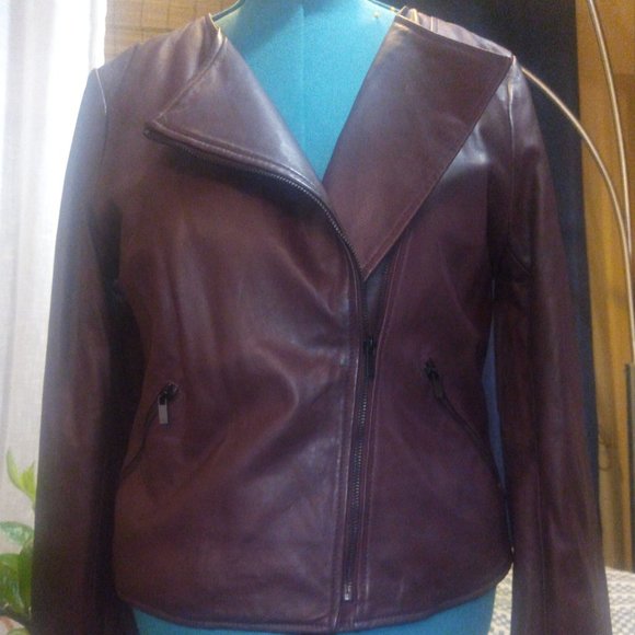 Neiman Marcus The Leather Collection Moto Jacket Burgundy Sz L NWT - Picture 4 of 15